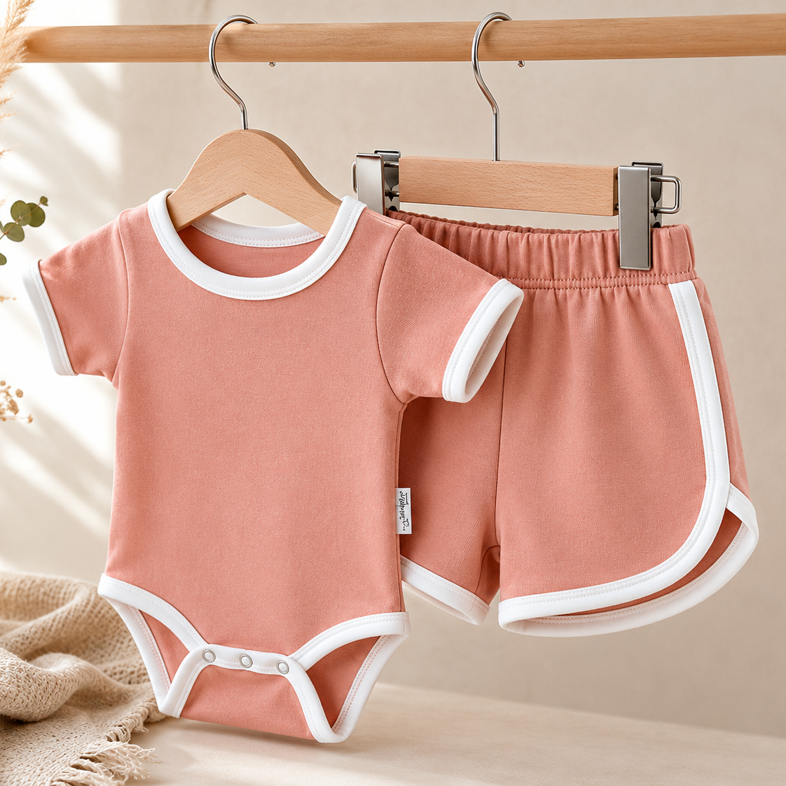 Baby outfit with pink bodysuit and shorts on hangers against a neutral background
