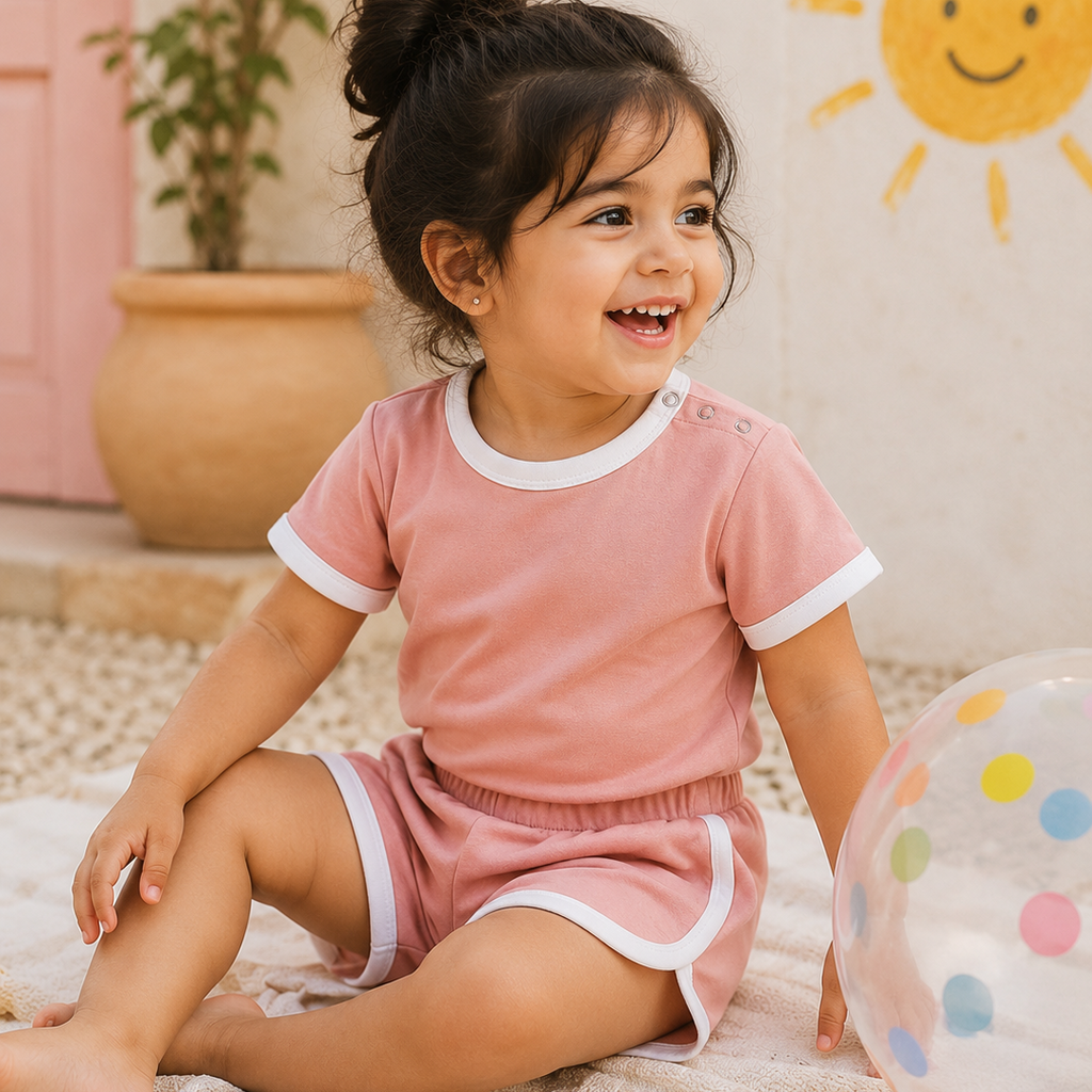 Child in pink outfit sitting on a blanket with a sun and flower decoration in the background
